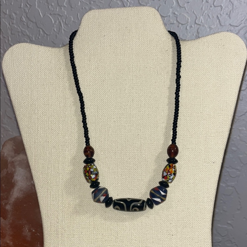 Elegant Black Beaded Necklace with Multicolor Accents
